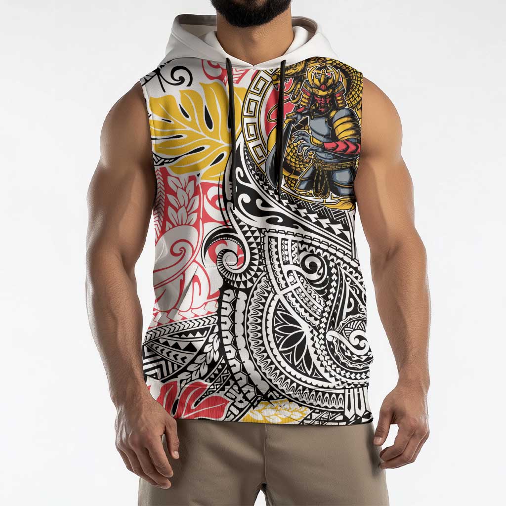 Japanese Samurai Warrior Sleeveless Hoodie Colorful Polynesian Tattoo Style - Polynesian Pride