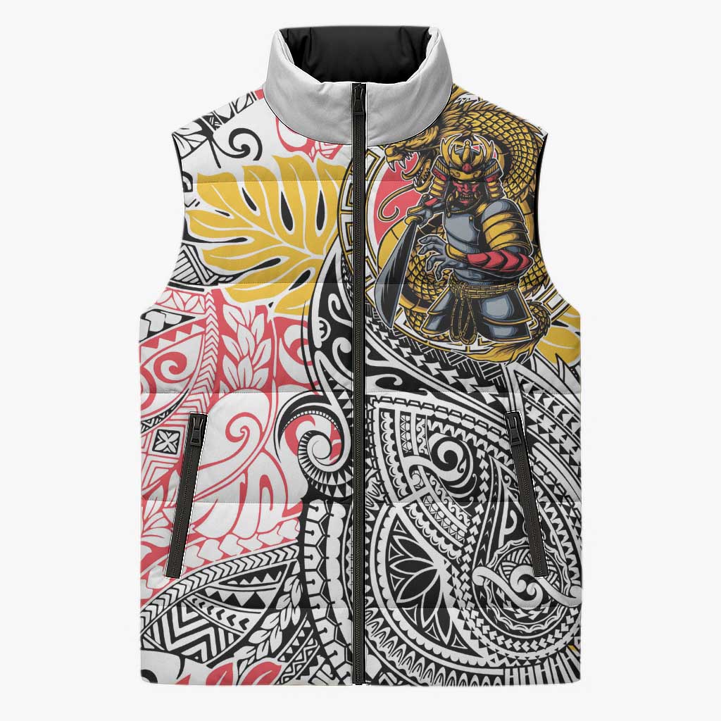 Japanese Samurai Warrior Sleeveless Puffer Jacket Colorful Polynesian Tattoo Style - Polynesian Pride