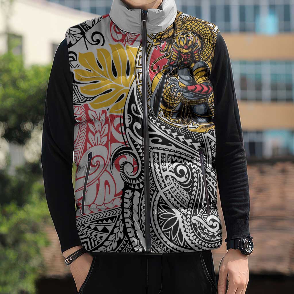 Japanese Samurai Warrior Sleeveless Puffer Jacket Colorful Polynesian Tattoo Style - Polynesian Pride