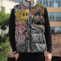 Japanese Samurai Warrior Sleeveless Puffer Jacket Colorful Polynesian Tattoo Style - Polynesian Pride