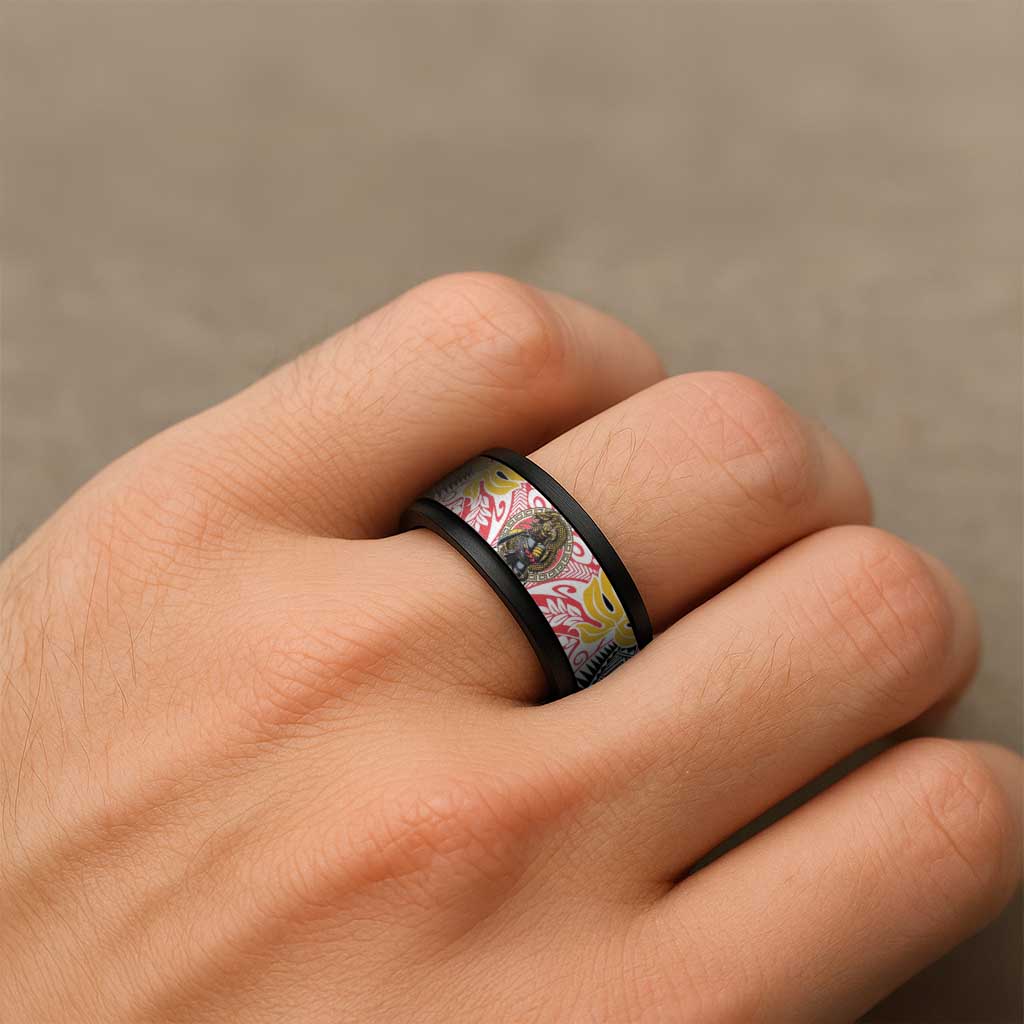 Japanese Samurai Warrior Spinner Ring Colorful Polynesian Tattoo Style - Polynesian Pride