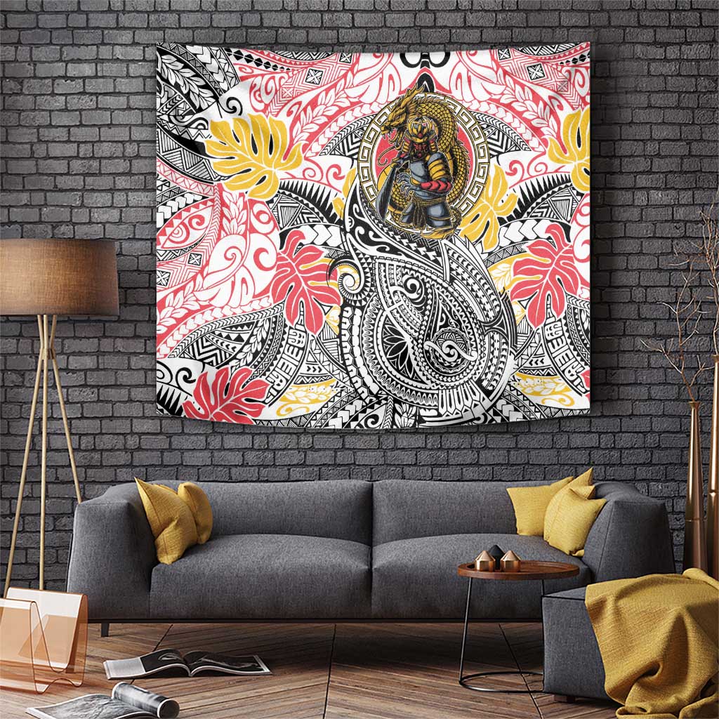 Japanese Samurai Warrior Tapestry Colorful Polynesian Tattoo Style