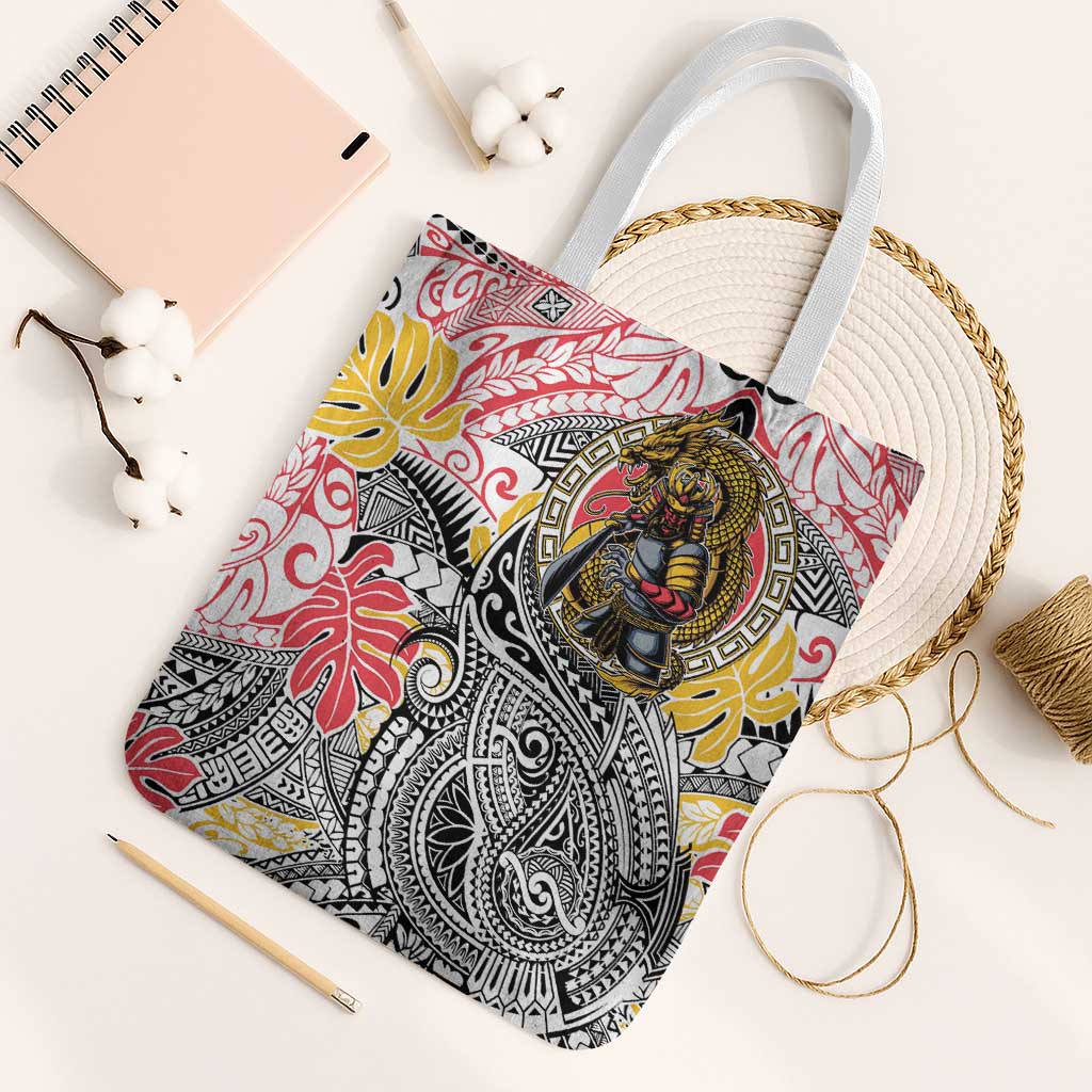 Japanese Samurai Warrior Tote Bag Colorful Polynesian Tattoo Style - Polynesian Pride