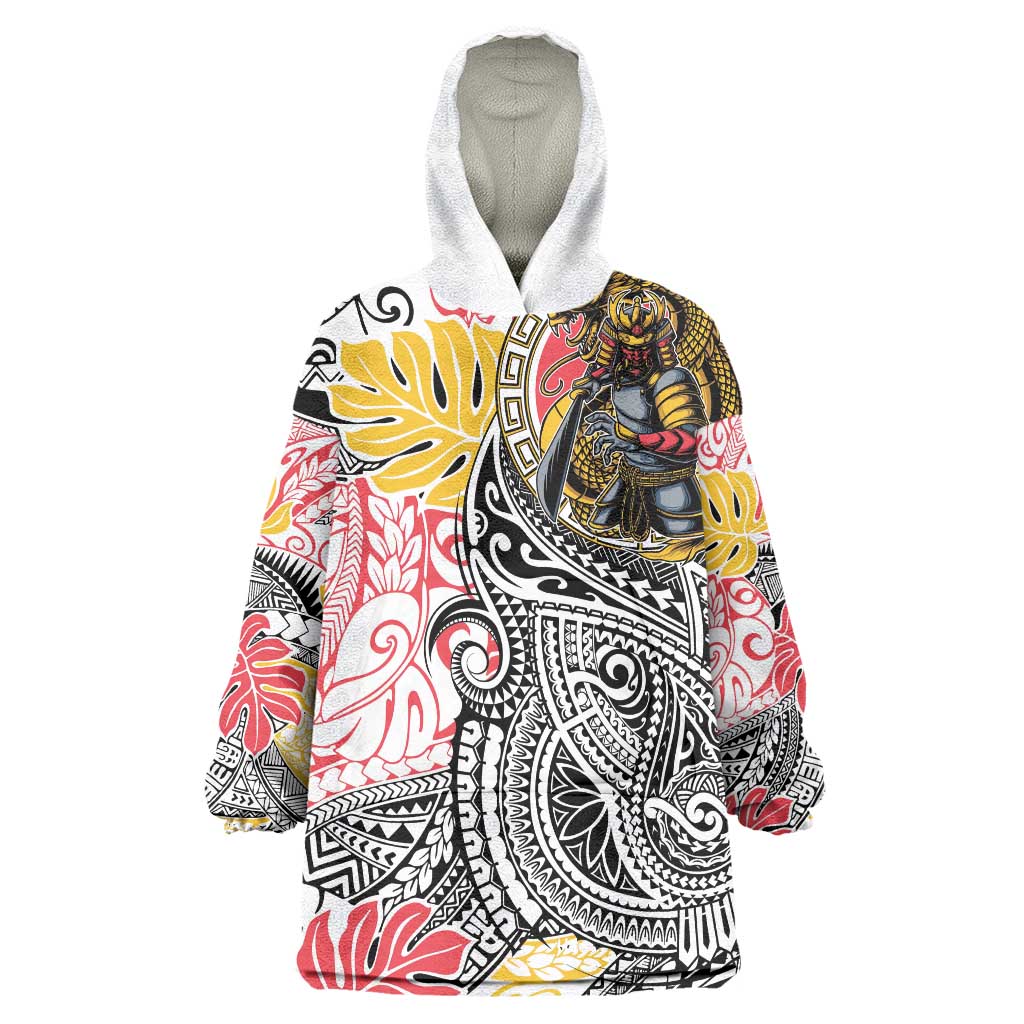 Japanese Samurai Warrior Wearable Blanket Hoodie Colorful Polynesian Tattoo Style