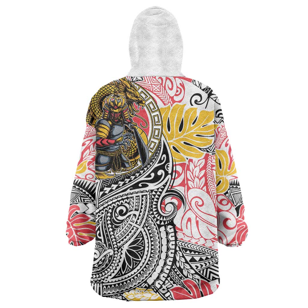 Japanese Samurai Warrior Wearable Blanket Hoodie Colorful Polynesian Tattoo Style