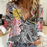 Japanese Samurai Warrior Women Casual Shirt Colorful Polynesian Tattoo Style