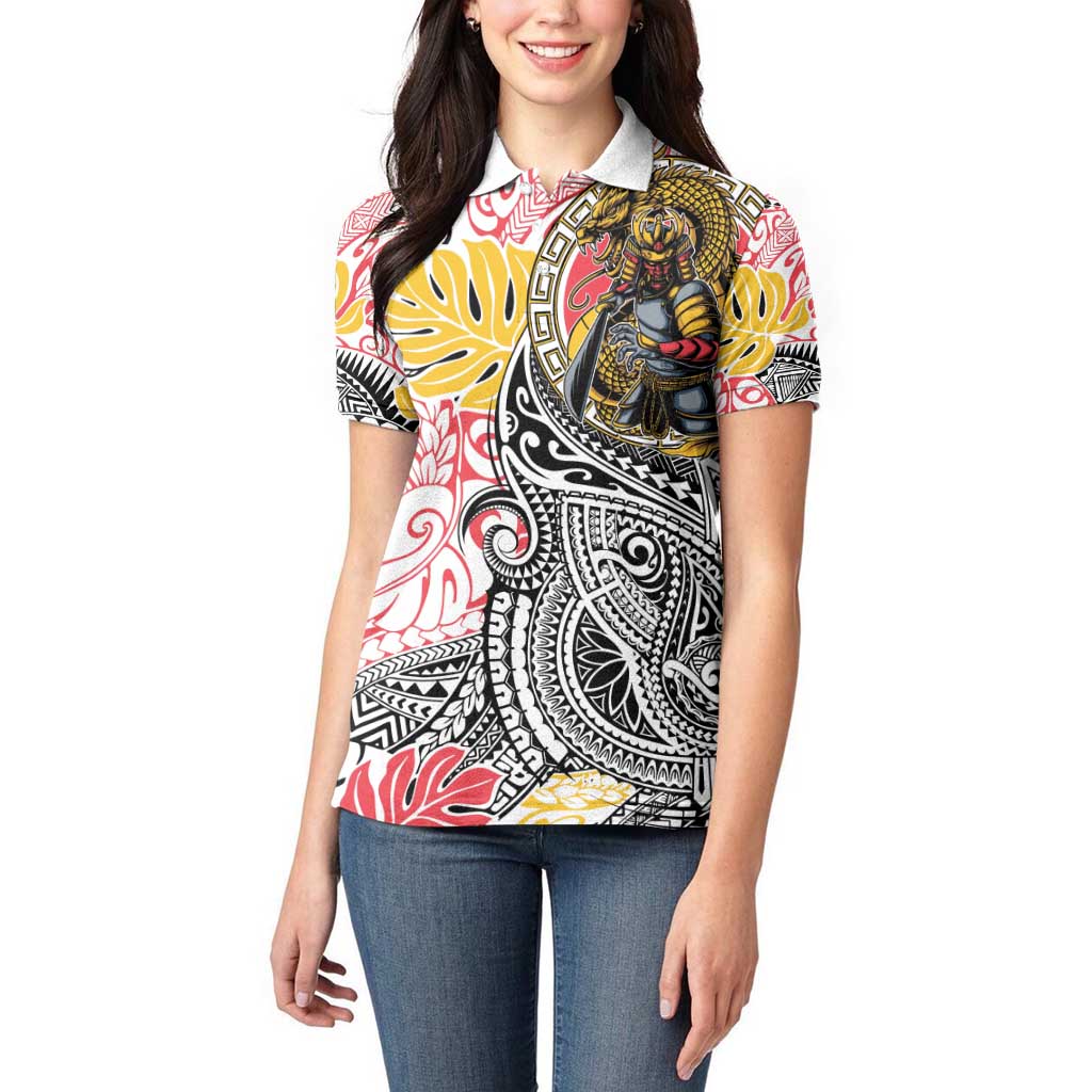 Japanese Samurai Warrior Women Polo Shirt Colorful Polynesian Tattoo Style