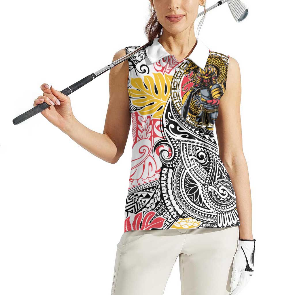 Japanese Samurai Warrior Women Sleeveless Polo Shirt Colorful Polynesian Tattoo Style
