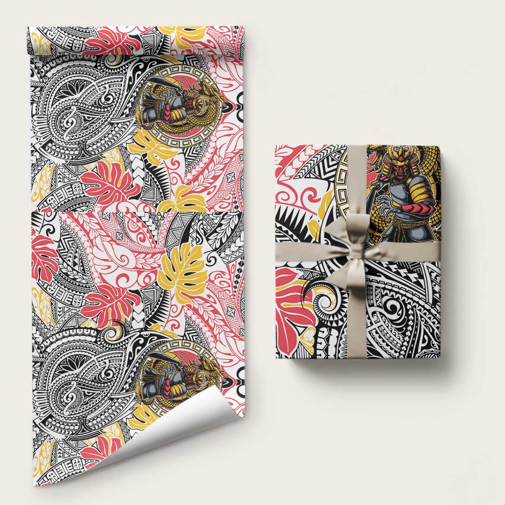 Japanese Samurai Warrior Wrapping Paper Colorful Polynesian Tattoo Style - Polynesian Pride