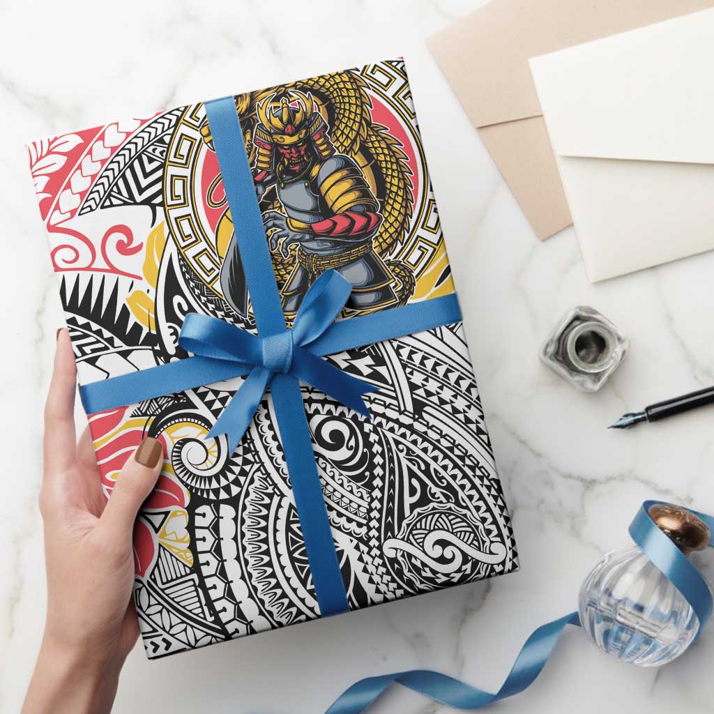 Japanese Samurai Warrior Wrapping Paper Colorful Polynesian Tattoo Style - Polynesian Pride