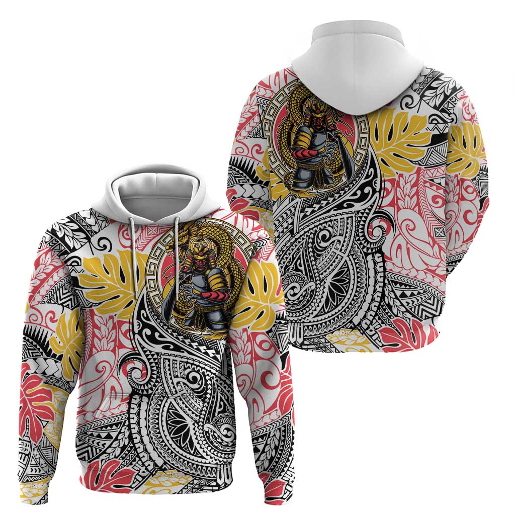 Japanese Samurai Warrior Zip Hoodie Colorful Polynesian Tattoo Style
