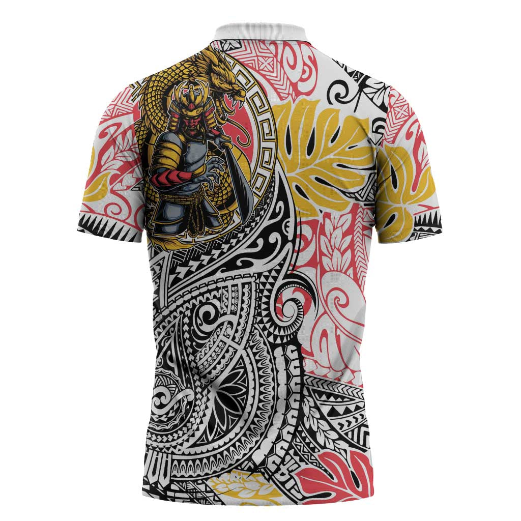 Japanese Samurai Warrior Zipper Polo Shirt Colorful Polynesian Tattoo Style - Polynesian Pride