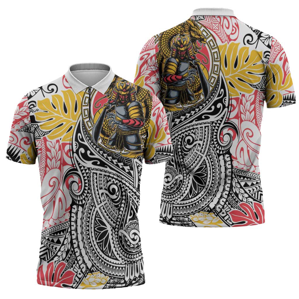 Japanese Samurai Warrior Zipper Polo Shirt Colorful Polynesian Tattoo Style - Polynesian Pride