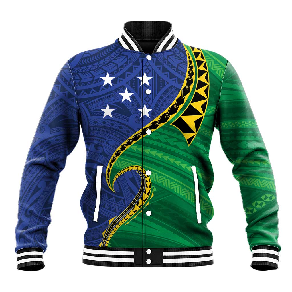 Solomon Islands Independence Day 1978 Personalised Baseball Jacket Polynesian Pattern with Flag Style