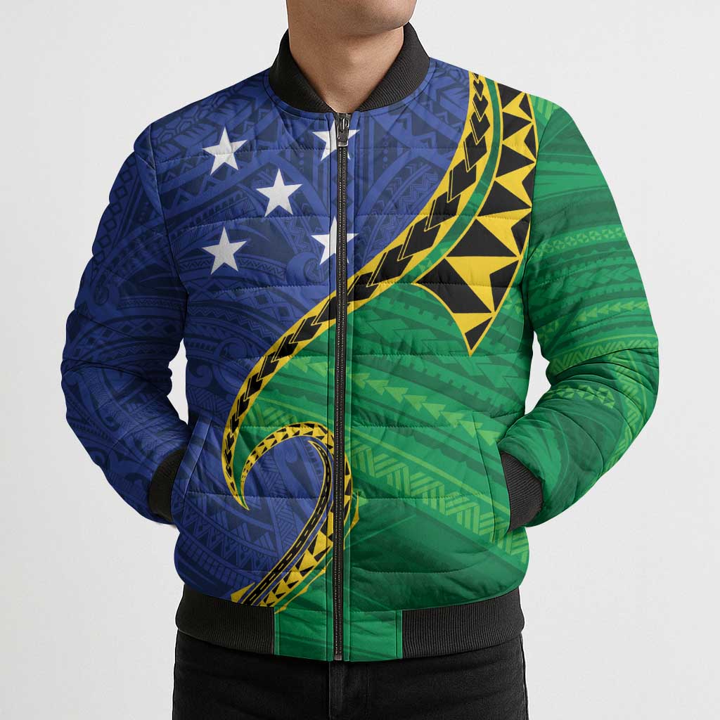 Solomon Islands Independence Day 1978 Personalised Bomber Puffer Jacket Polynesian Pattern with Flag Style - Polynesian Pride