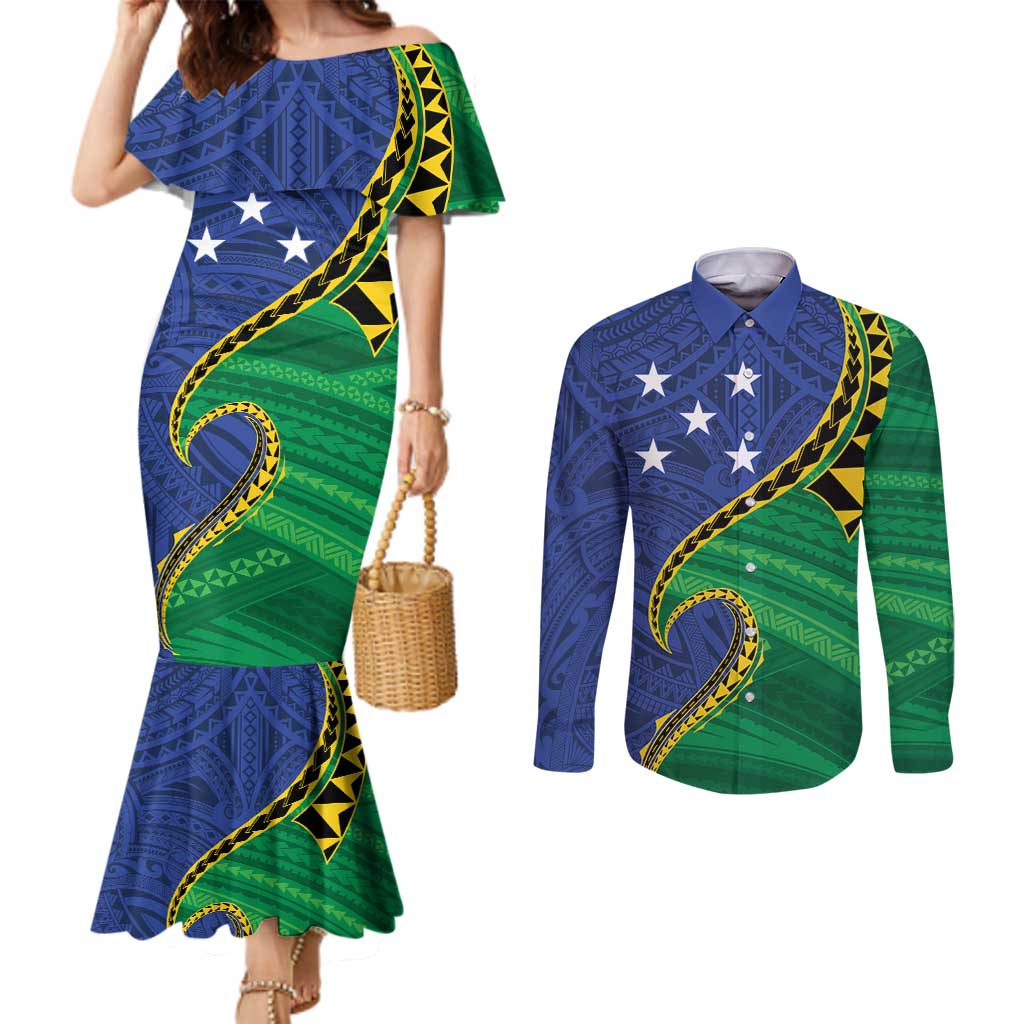Solomon Islands Independence Day 1978 Personalised Couples Matching Mermaid Dress and Long Sleeve Button Shirt Polynesian Pattern with Flag Style