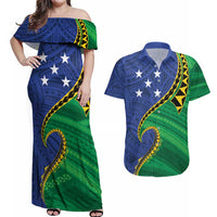 Solomon Islands Independence Day 1978 Personalised Couples Matching Off Shoulder Maxi Dress and Hawaiian Shirt Polynesian Pattern with Flag Style