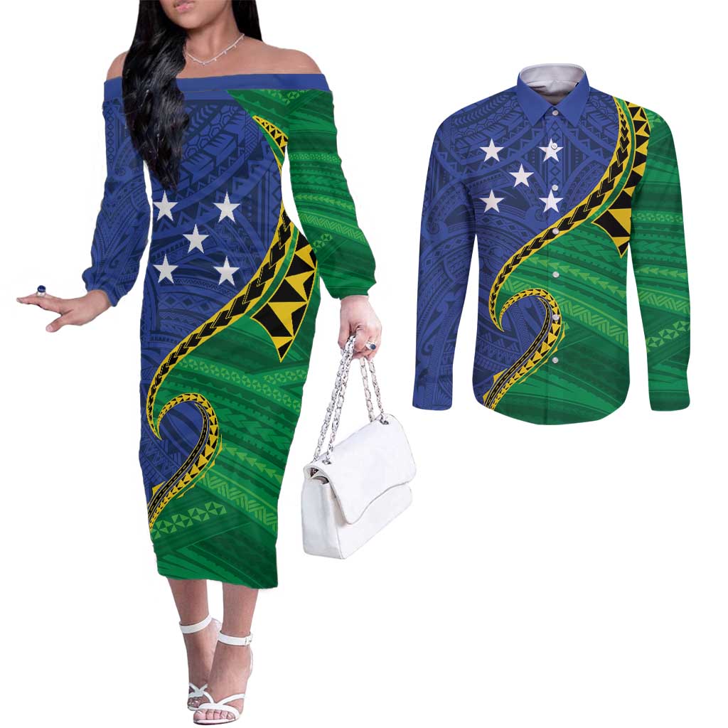 Solomon Islands Independence Day 1978 Personalised Couples Matching Off The Shoulder Long Sleeve Dress and Long Sleeve Button Shirt Polynesian Pattern with Flag Style