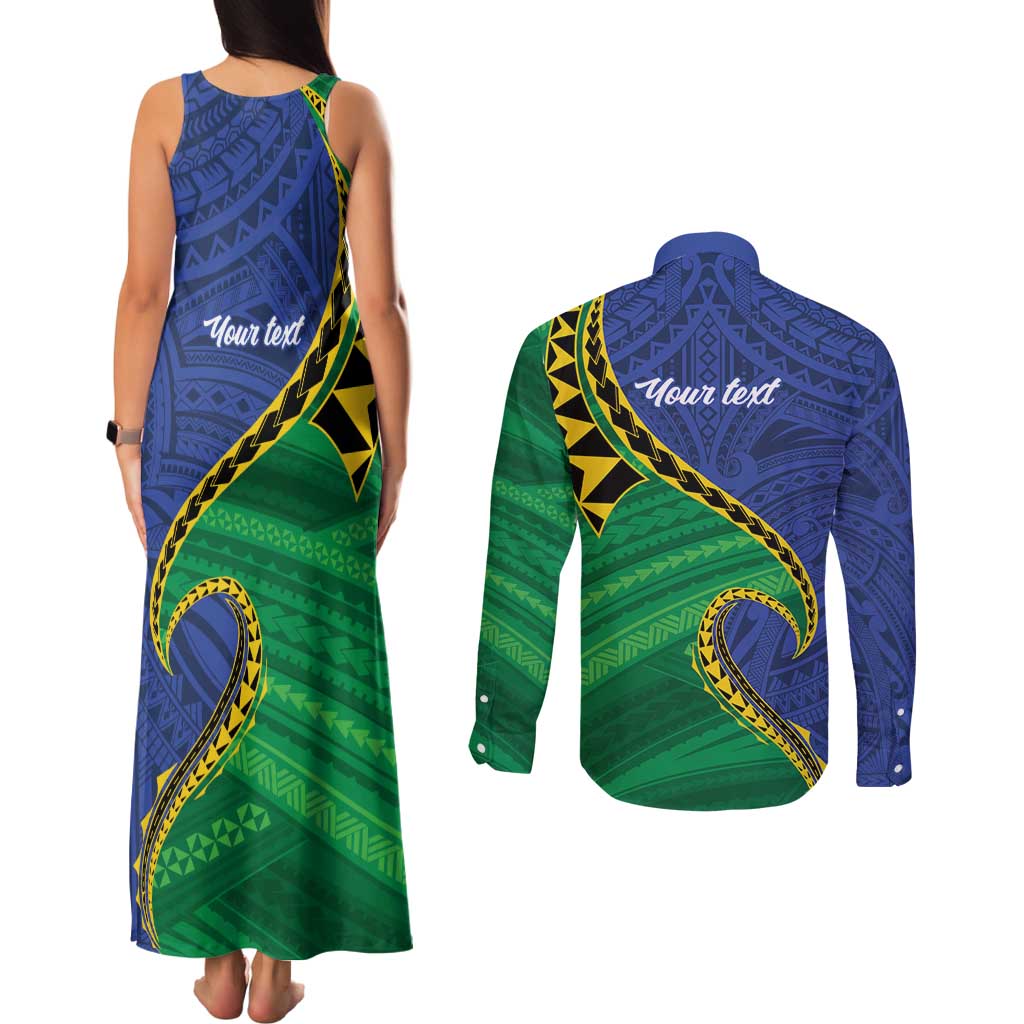 Solomon Islands Independence Day 1978 Personalised Couples Matching Tank Maxi Dress and Long Sleeve Button Shirt Polynesian Pattern with Flag Style