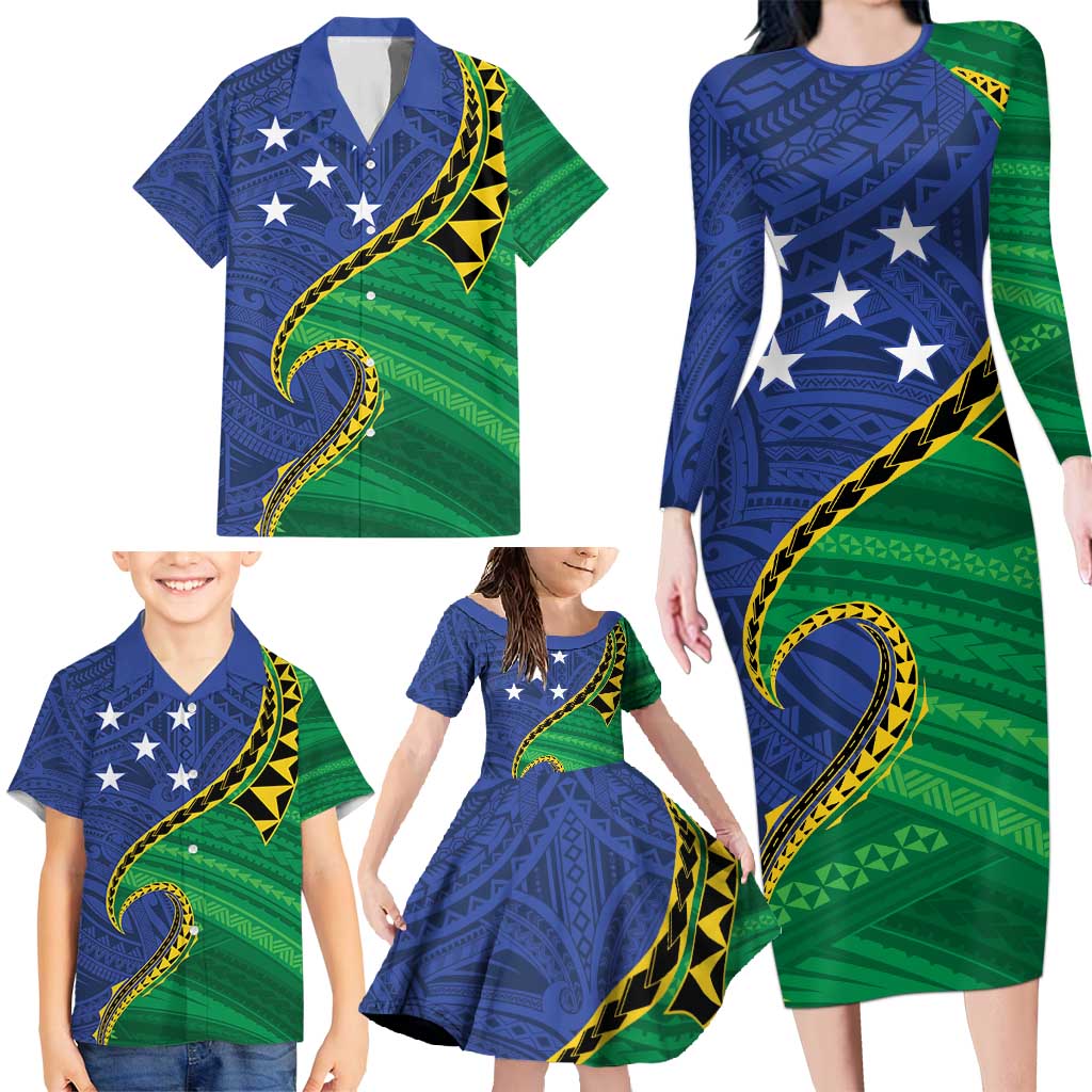 Solomon Islands Independence Day 1978 Personalised Family Matching Long Sleeve Bodycon Dress and Hawaiian Shirt Polynesian Pattern with Flag Style