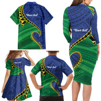 Solomon Islands Independence Day 1978 Personalised Family Matching Long Sleeve Bodycon Dress and Hawaiian Shirt Polynesian Pattern with Flag Style