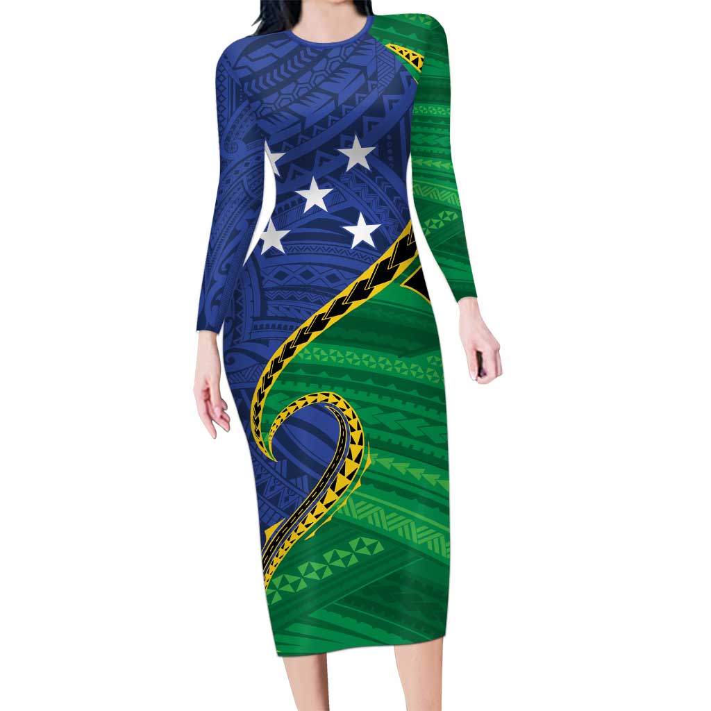 Solomon Islands Independence Day 1978 Personalised Family Matching Long Sleeve Bodycon Dress and Hawaiian Shirt Polynesian Pattern with Flag Style