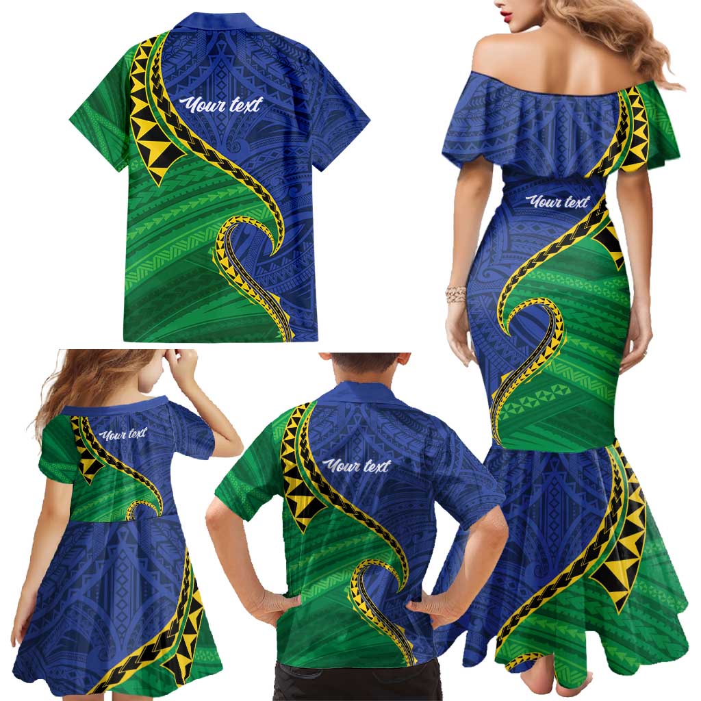 Solomon Islands Independence Day 1978 Personalised Family Matching Mermaid Dress and Hawaiian Shirt Polynesian Pattern with Flag Style