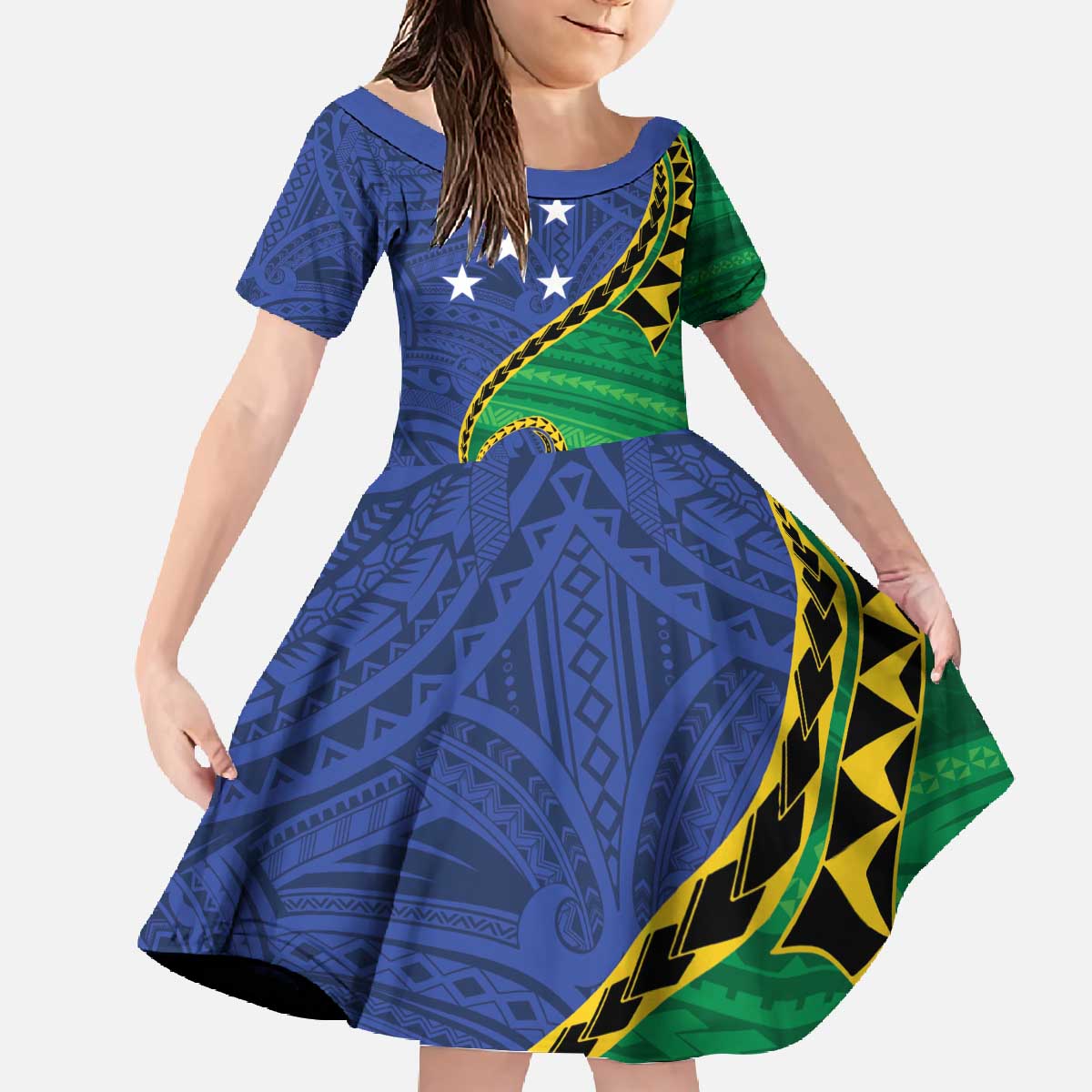 Solomon Islands Independence Day 1978 Personalised Family Matching Off The Shoulder Long Sleeve Dress and Hawaiian Shirt Polynesian Pattern with Flag Style