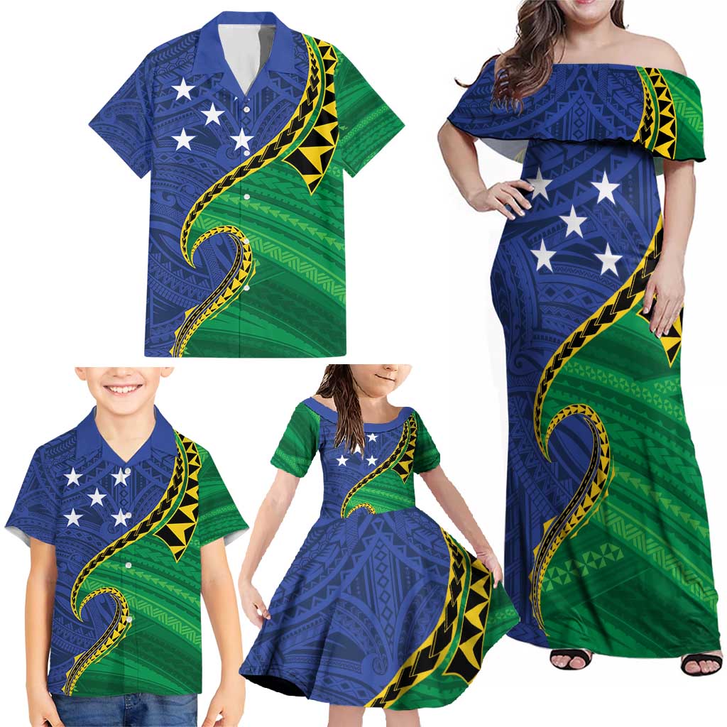 Solomon Islands Independence Day 1978 Personalised Family Matching Off Shoulder Maxi Dress and Hawaiian Shirt Polynesian Pattern with Flag Style
