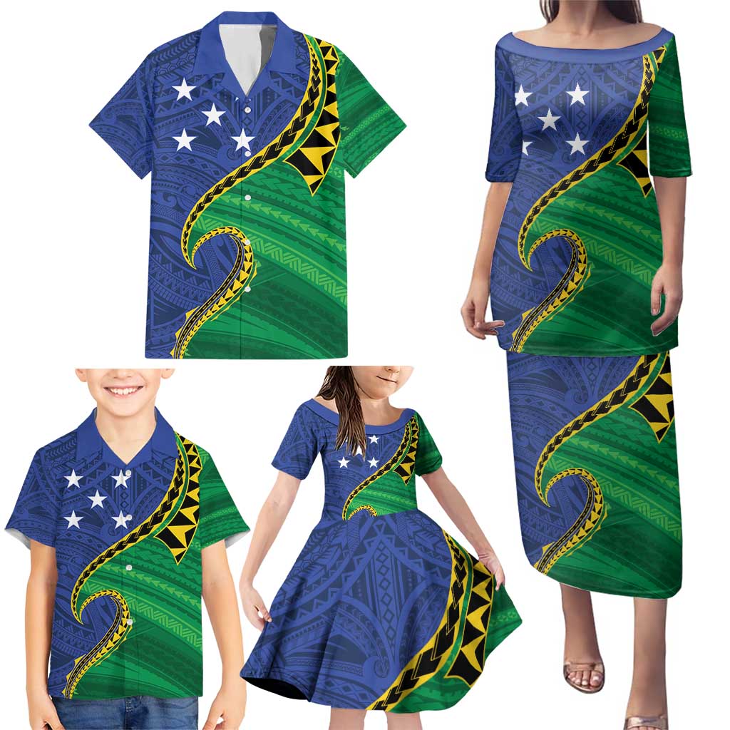 Solomon Islands Independence Day 1978 Personalised Family Matching Puletasi and Hawaiian Shirt Polynesian Pattern with Flag Style
