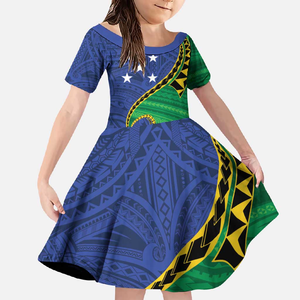 Solomon Islands Independence Day 1978 Personalised Family Matching Short Sleeve Bodycon Dress and Hawaiian Shirt Polynesian Pattern with Flag Style