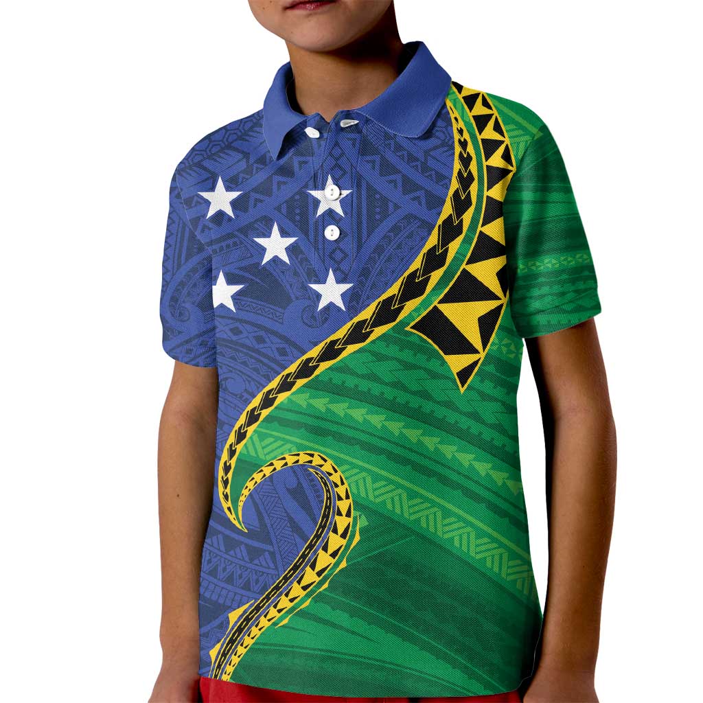 Solomon Islands Independence Day 1978 Personalised Kid Polo Shirt Polynesian Pattern with Flag Style