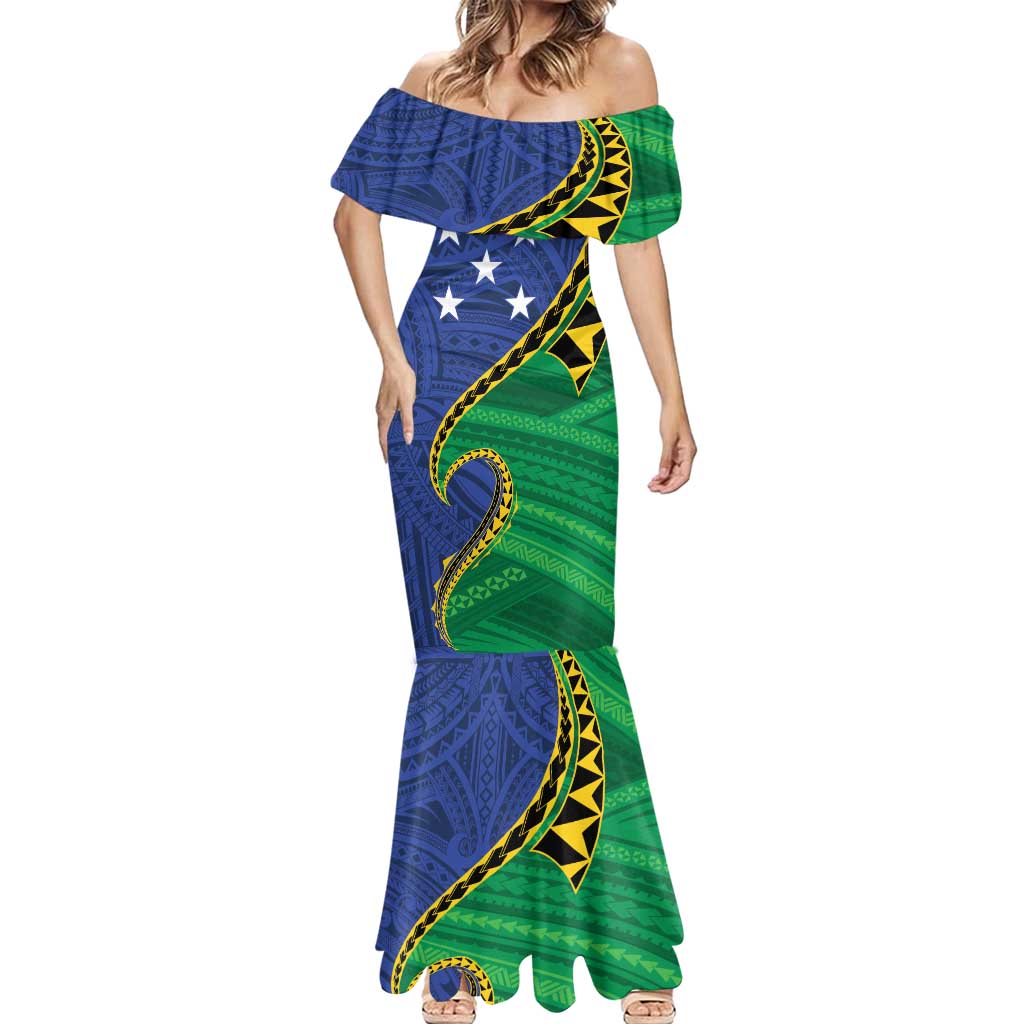 Solomon Islands Independence Day 1978 Personalised Mermaid Dress Polynesian Pattern with Flag Style