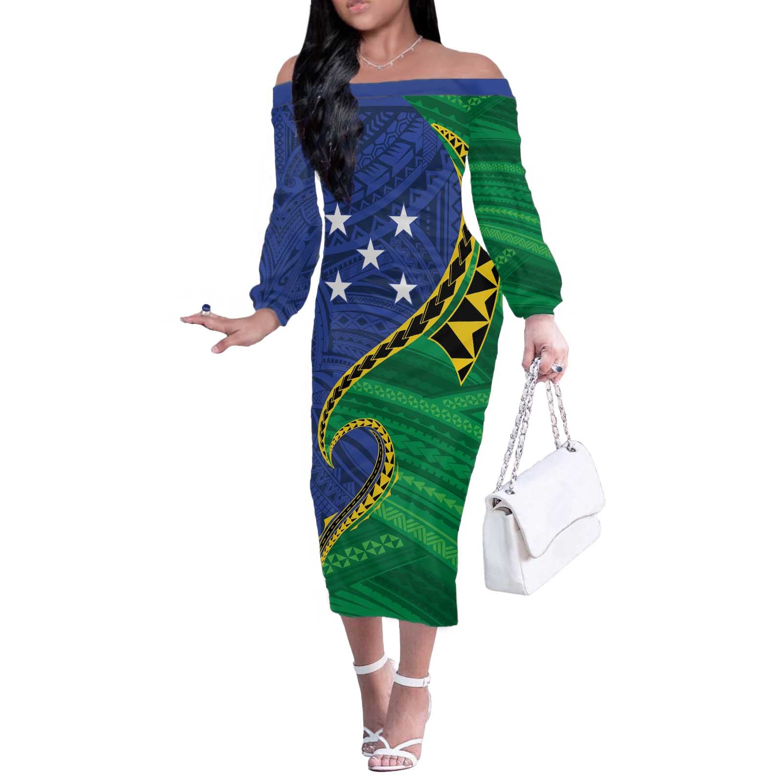 Solomon Islands Independence Day 1978 Personalised Off The Shoulder Long Sleeve Dress Polynesian Pattern with Flag Style