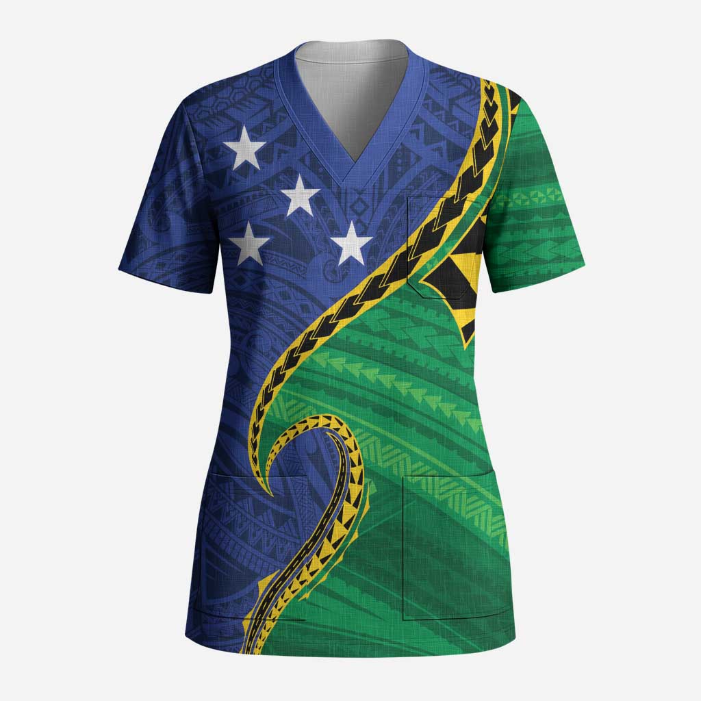Solomon Islands Independence Day 1978 Personalised Scrub Top Polynesian Pattern with Flag Style - Polynesian Pride