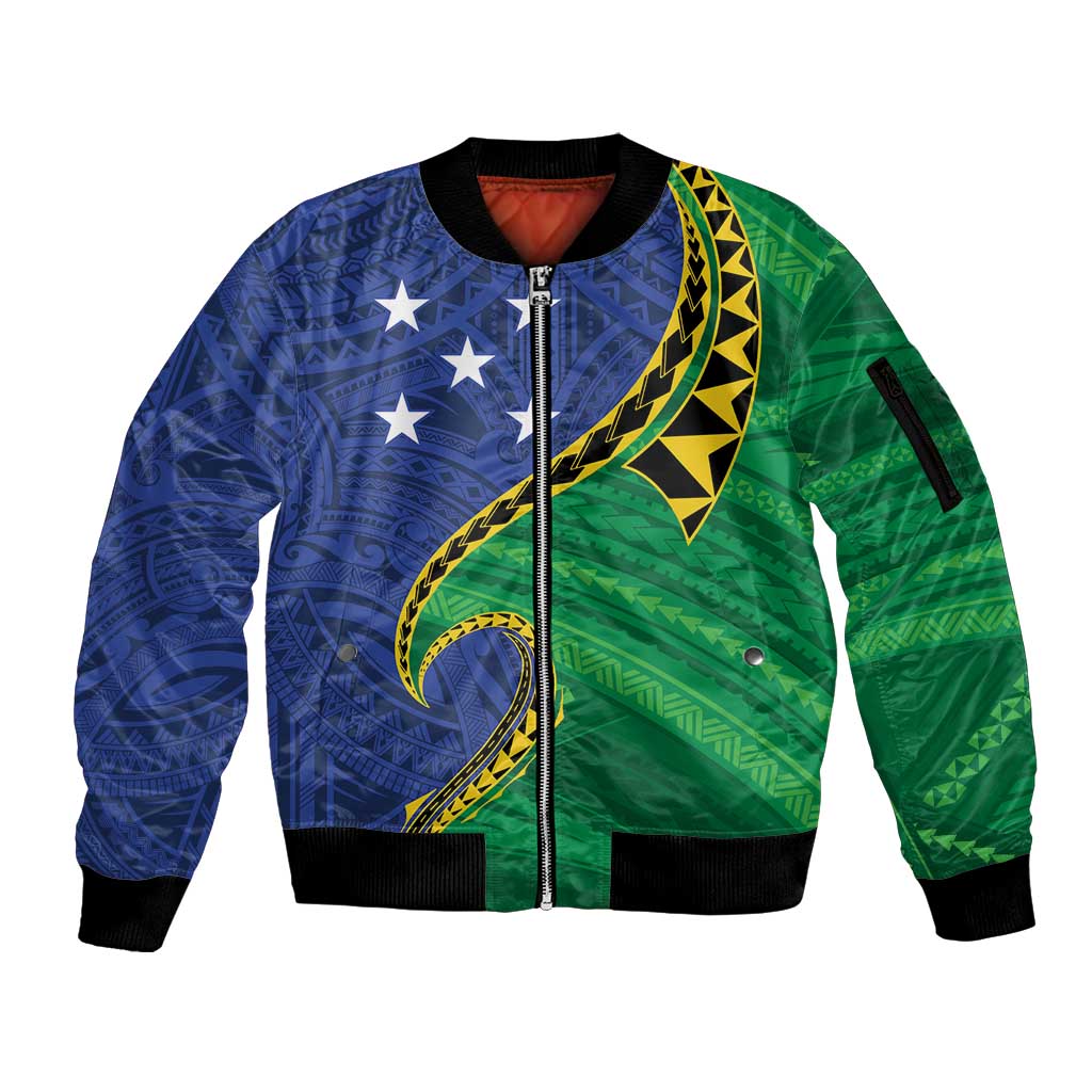 Solomon Islands Independence Day 1978 Personalised Sleeve Zip Bomber Jacket Polynesian Pattern with Flag Style