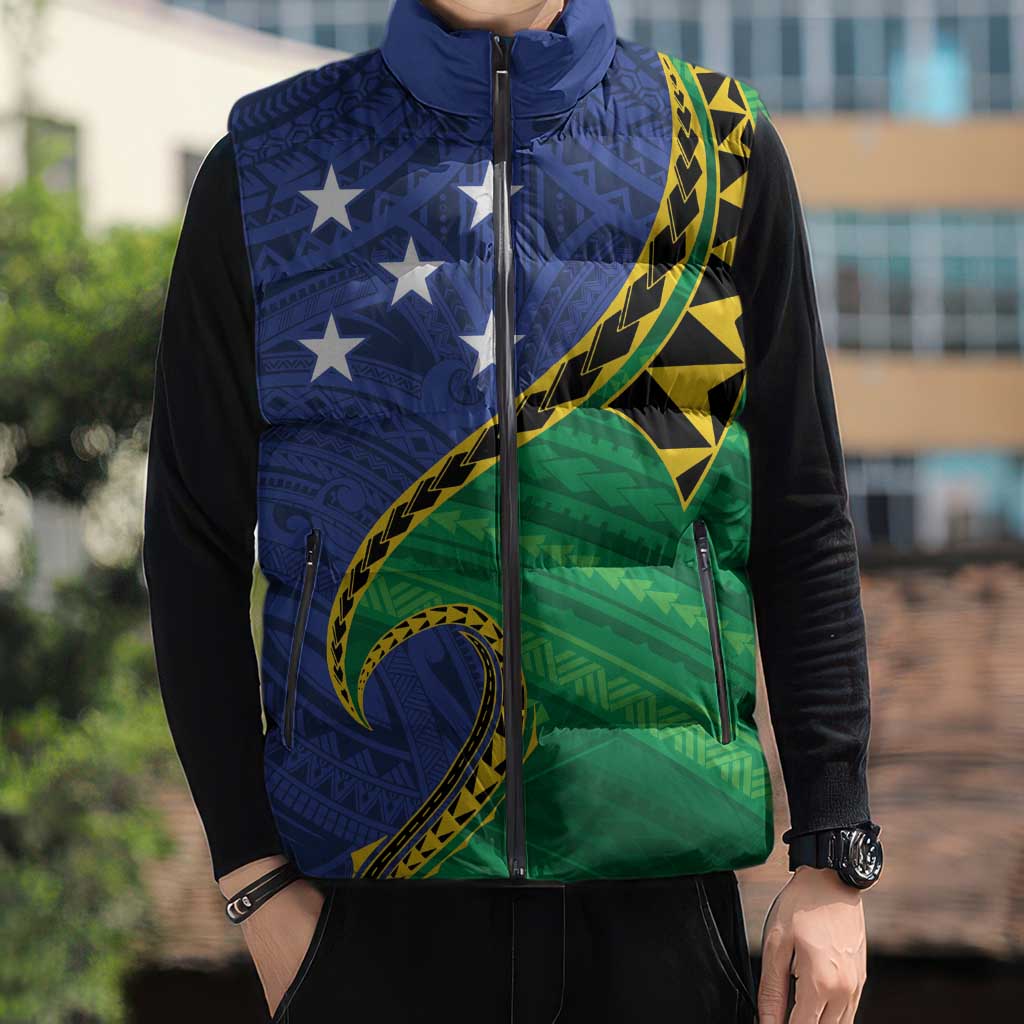 Solomon Islands Independence Day 1978 Personalised Sleeveless Puffer Jacket Polynesian Pattern with Flag Style - Polynesian Pride
