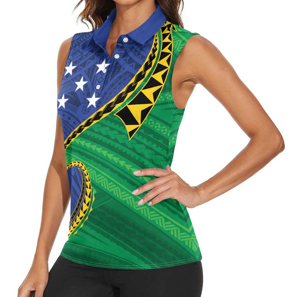 Solomon Islands Independence Day 1978 Personalised Women Sleeveless Polo Shirt Polynesian Pattern with Flag Style