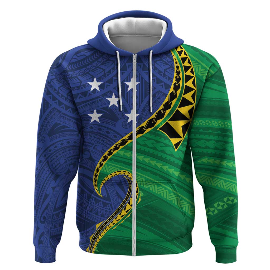 Solomon Islands Independence Day 1978 Personalised Zip Hoodie Polynesian Pattern with Flag Style