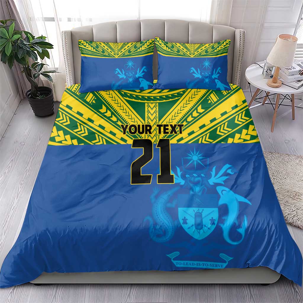 Solomon Islands Rugby Custom Bedding Set Simple Coat of arm Polynesian Pattern