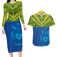 Solomon Islands Rugby Custom Couples Matching Long Sleeve Bodycon Dress and Hawaiian Shirt Simple Coat of arm Polynesian Pattern