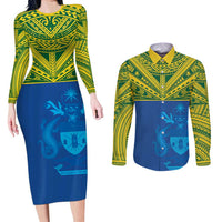 Solomon Islands Rugby Custom Couples Matching Long Sleeve Bodycon Dress and Long Sleeve Button Shirt Simple Coat of arm Polynesian Pattern