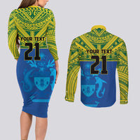 Solomon Islands Rugby Custom Couples Matching Long Sleeve Bodycon Dress and Long Sleeve Button Shirt Simple Coat of arm Polynesian Pattern