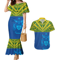 Solomon Islands Rugby Custom Couples Matching Mermaid Dress and Hawaiian Shirt Simple Coat of arm Polynesian Pattern