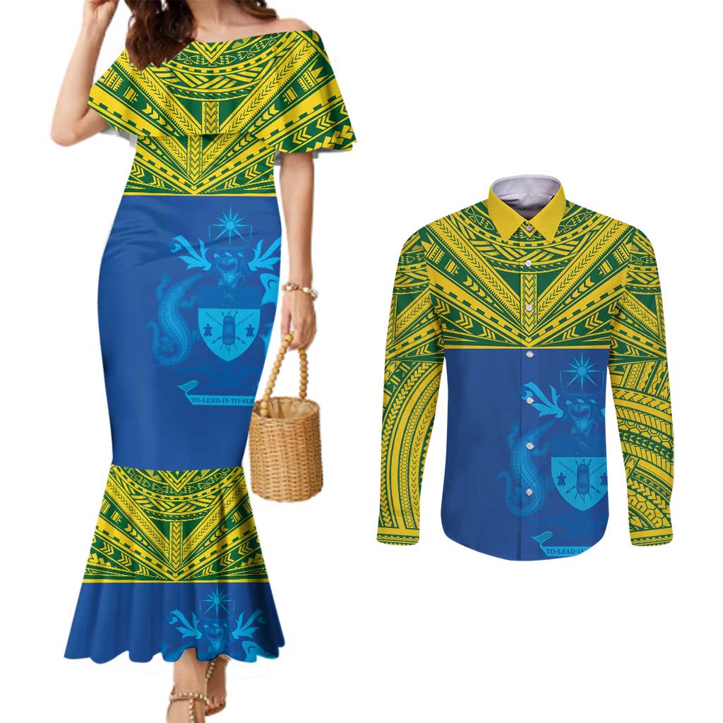 Solomon Islands Rugby Custom Couples Matching Mermaid Dress and Long Sleeve Button Shirt Simple Coat of arm Polynesian Pattern