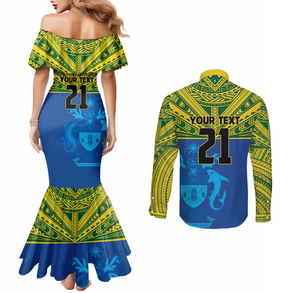 Solomon Islands Rugby Custom Couples Matching Mermaid Dress and Long Sleeve Button Shirt Simple Coat of arm Polynesian Pattern