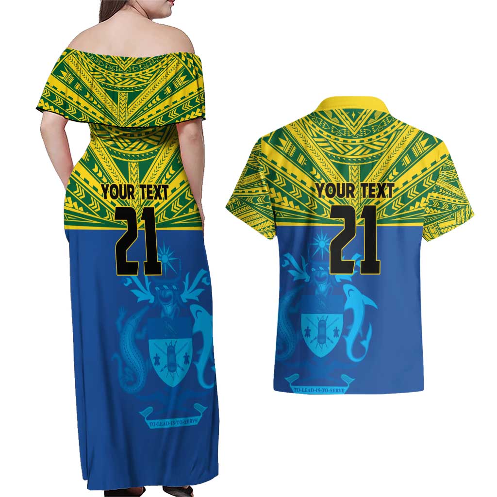 Solomon Islands Rugby Custom Couples Matching Off Shoulder Maxi Dress and Hawaiian Shirt Simple Coat of arm Polynesian Pattern