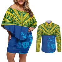 Solomon Islands Rugby Custom Couples Matching Off Shoulder Short Dress and Long Sleeve Button Shirt Simple Coat of arm Polynesian Pattern