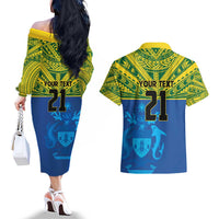 Solomon Islands Rugby Custom Couples Matching Off The Shoulder Long Sleeve Dress and Hawaiian Shirt Simple Coat of arm Polynesian Pattern