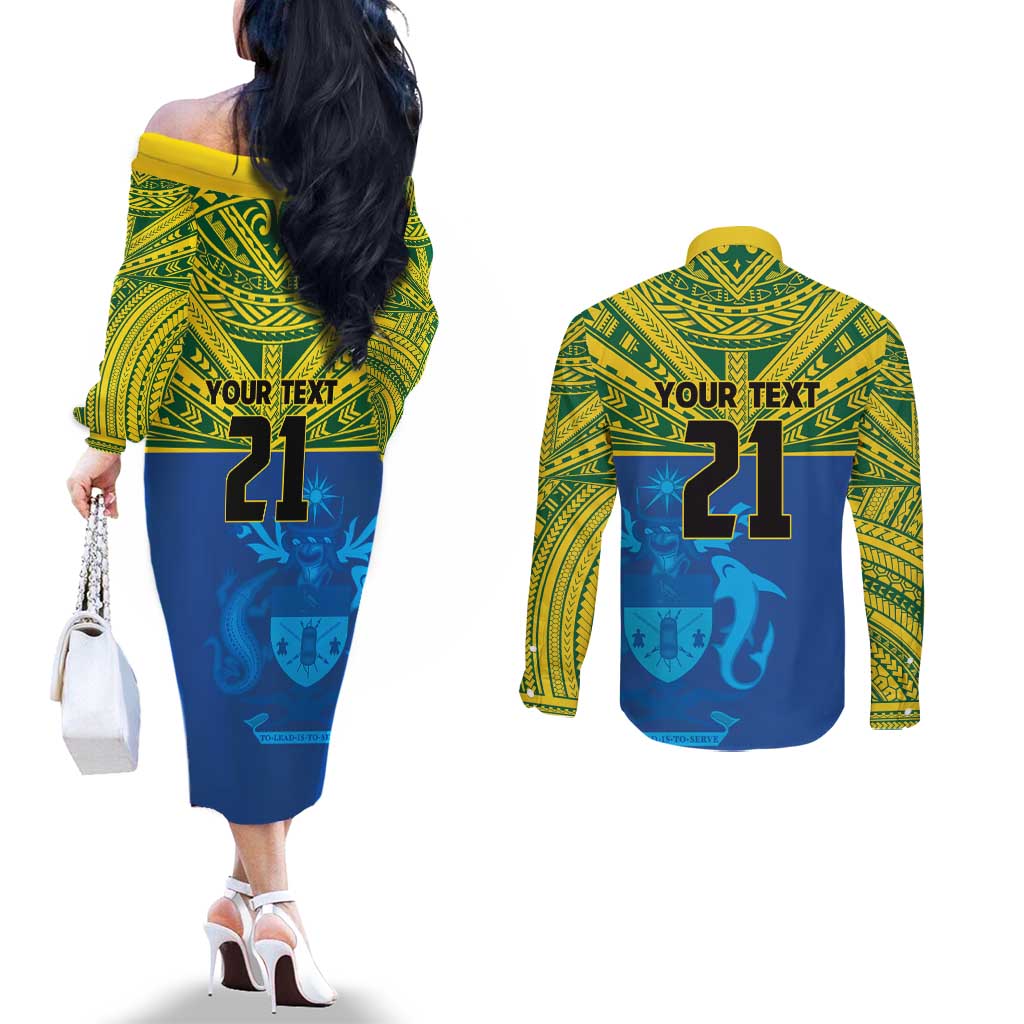 Solomon Islands Rugby Custom Couples Matching Off The Shoulder Long Sleeve Dress and Long Sleeve Button Shirt Simple Coat of arm Polynesian Pattern
